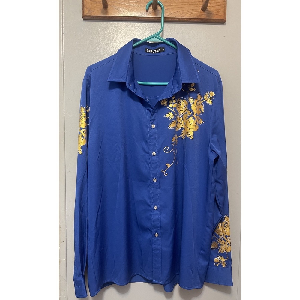 zeroyaa shirt Long Sleeve Royal Blue Gold Floral Print Men's Large